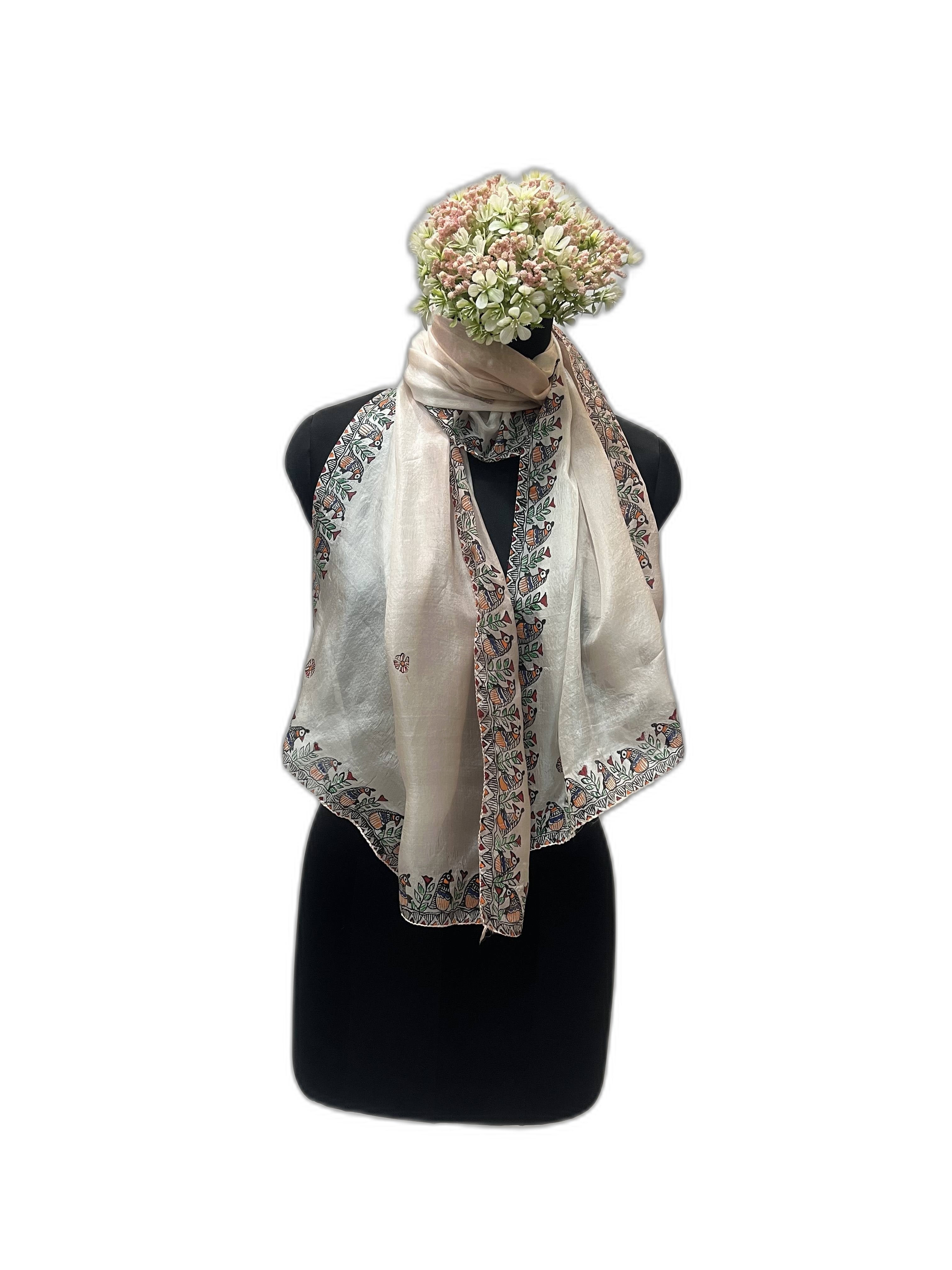 Handpainted Madhubani Stole on Tabby Silk with Bird Motif